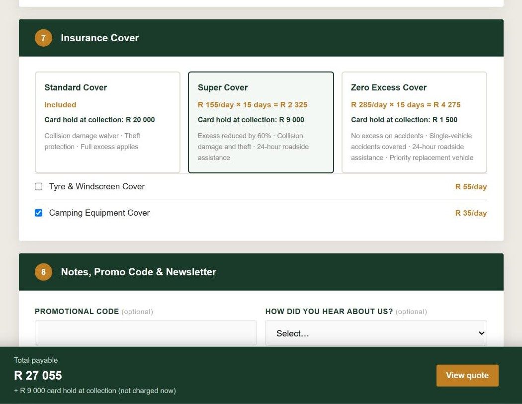 Insurance options on a Kairoo enquiry form with daily rates, card holds per cover level, add-ons and the running total