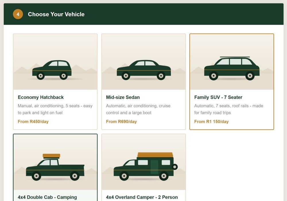 The vehicle choice on a Kairoo enquiry form, with an economy hatchback, a mid-size sedan, a family SUV and 4x4 vehicles, each with a price per day