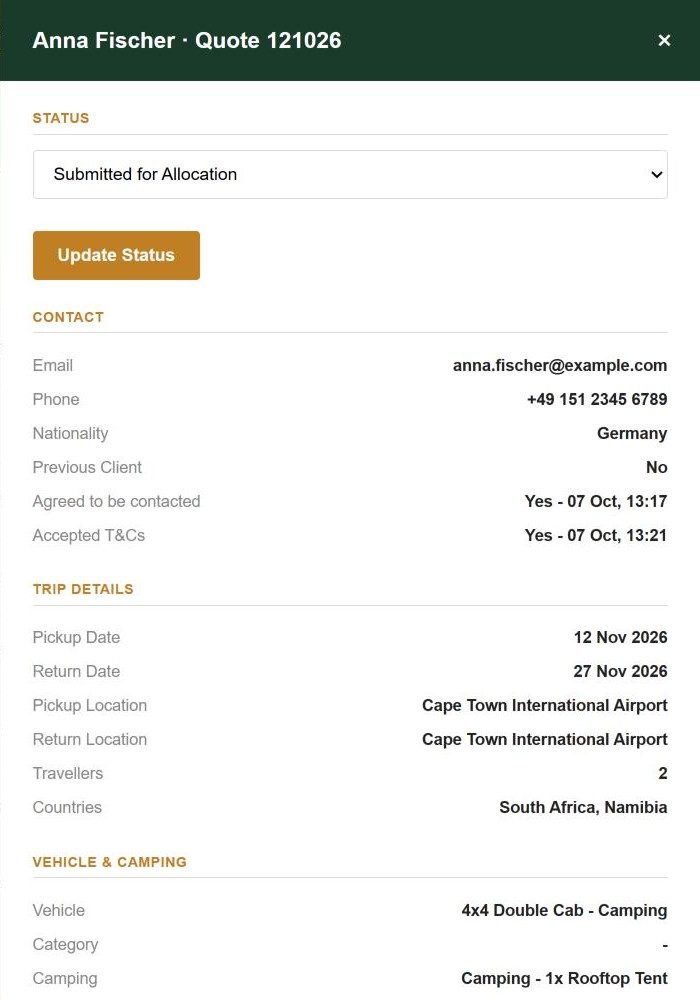 A confirmed booking opened in Kairoo, showing the status, contact details and trip details