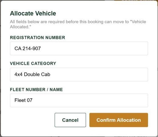 The Allocate Vehicle window with registration number, vehicle category and fleet number