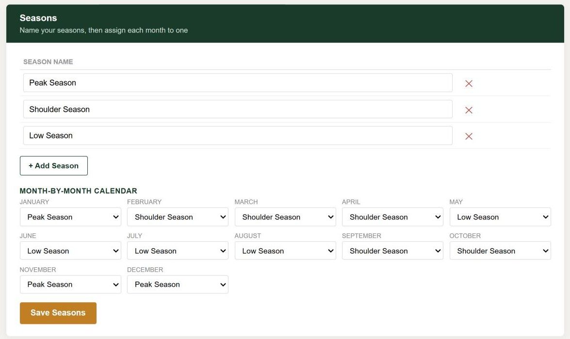 Kairoo pricing settings with peak, shoulder and low seasons assigned month by month